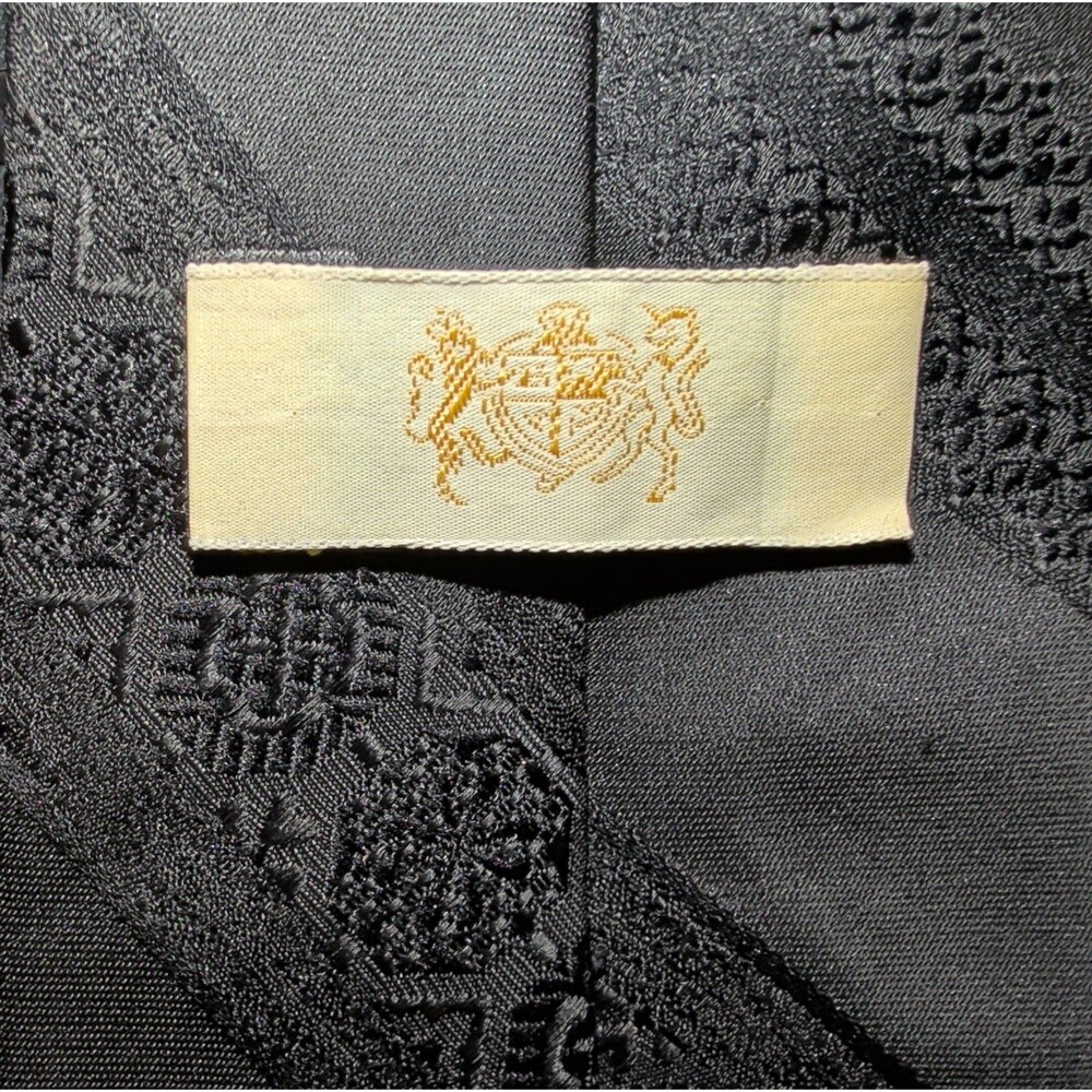 Vintage Black Jacquard Silk Necktie Wavy Geometric Stripe Heraldic Crest Tie - Picture 5 of 16